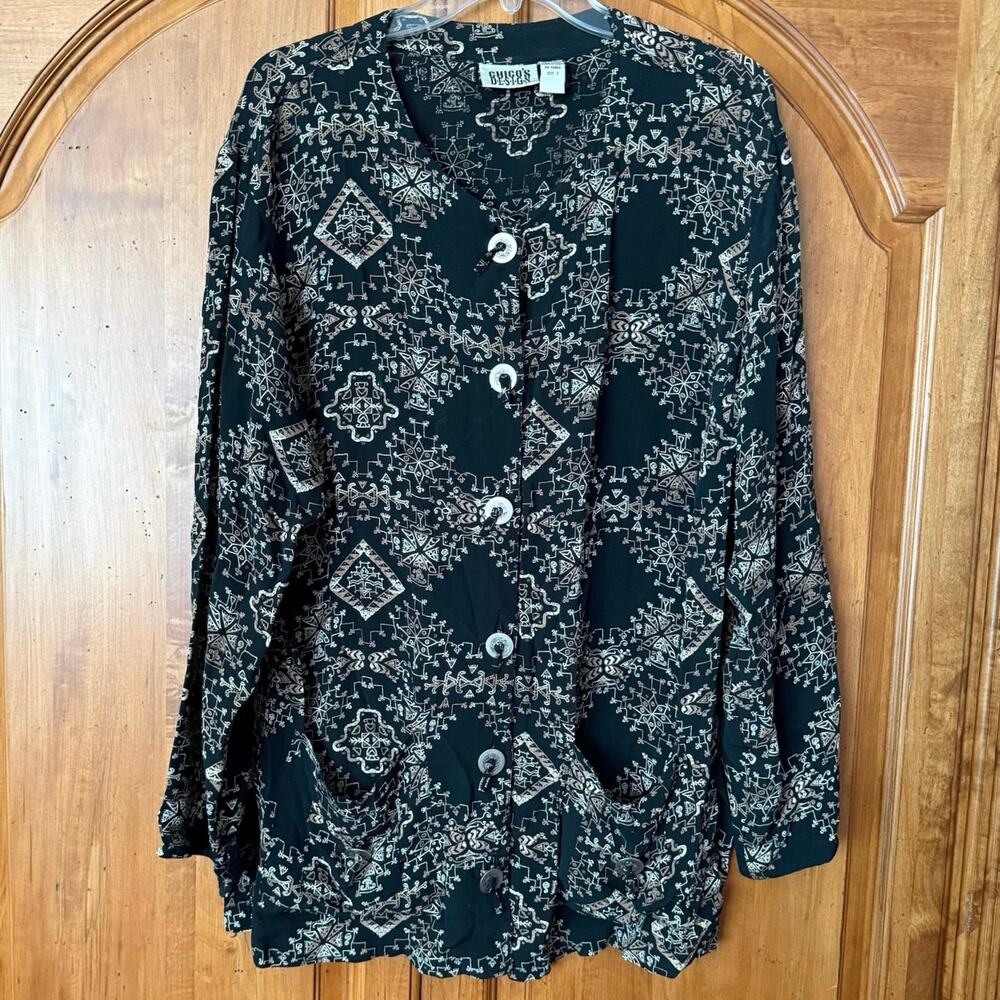 Chico’s art tribal button front tunic blouse long sleeve size 0 small